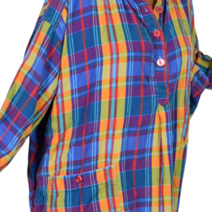 Bloomingdales Lingerie Vintage Nightshirt Blue Plaid Check Bloomies Shirtdress Button Front Dress Pockets Cotton Oversized One Size