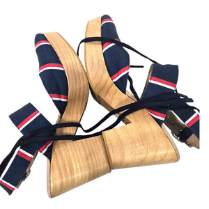 Free People Monaco Clogs Blue Navy Stripe Wrap Chunky Platform Wooden Heels 38 7.5