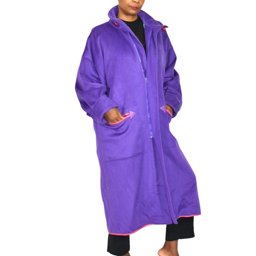 Vintage Purple Maxi Coat 90s Zip Felted Wool Blend Oversized Leather Trim Long Large OSFM