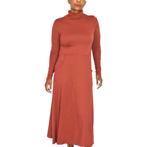 Peruvian Connection Haley Turtleneck Dress Burnt Sierra Orange Cotton Modal Midi Jersey Long Sleeve Stretch Small
