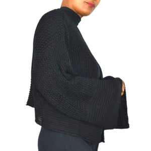 Anthropologie Open Weave Knit Cardigan Black Bell Sleeve Shrug Shawl Sweater One Size