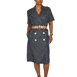 Vintage SG Gilbert Polka Dot Dress Black White Notched Collar Shirtdress Double Breasted 8