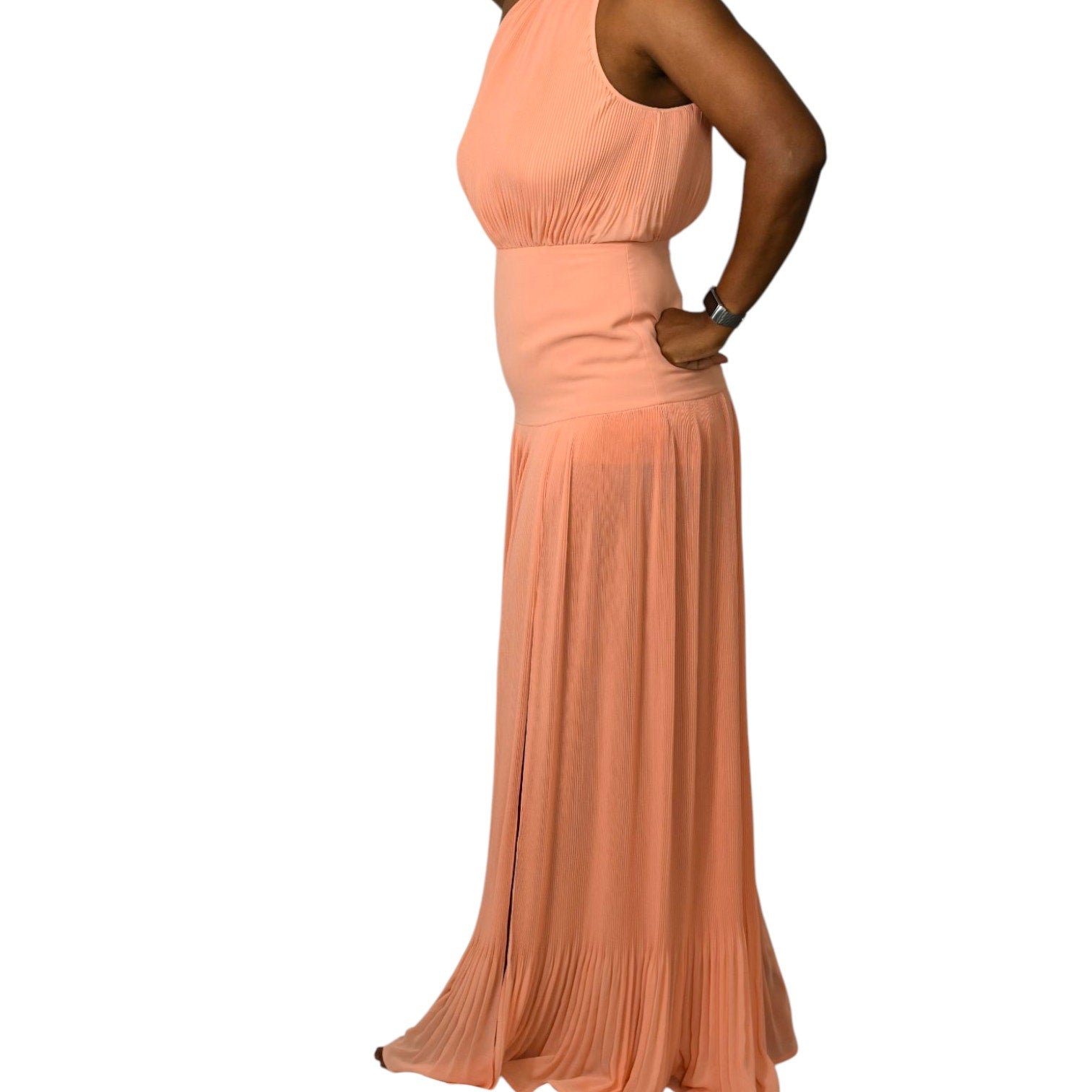 Veronica Beard Lilliana Dress Peach Orange Halter High Neck Plisse Long Maxi Evening Gown 2