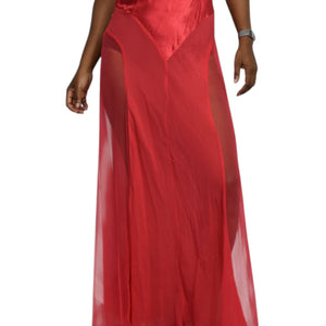 Victorias Secret Red Silk Nightgown Satin Sheer Tulle Chiffon Long Maxi Slip XS