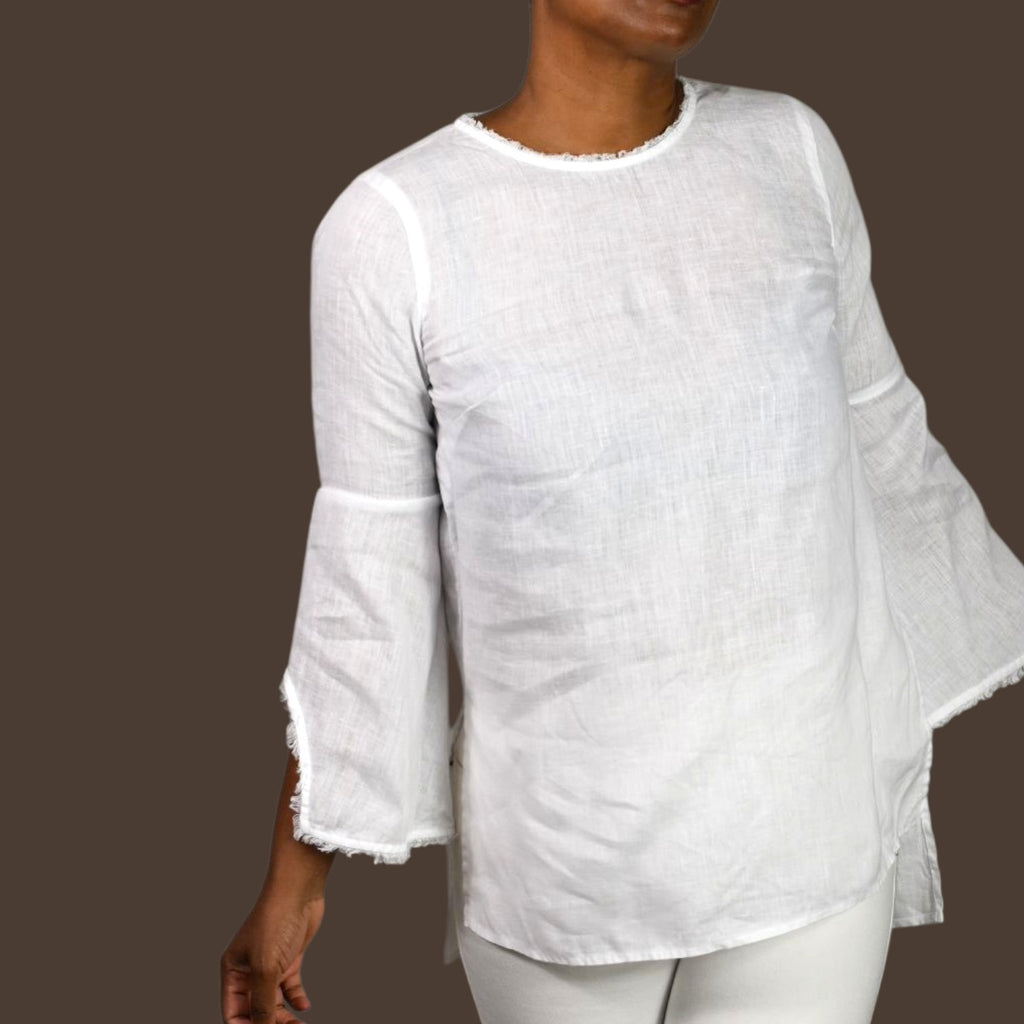 J Jill White Linen Tunic Top Bell Sleeve Boxy Relaxed Casual Slit Lightweight XS