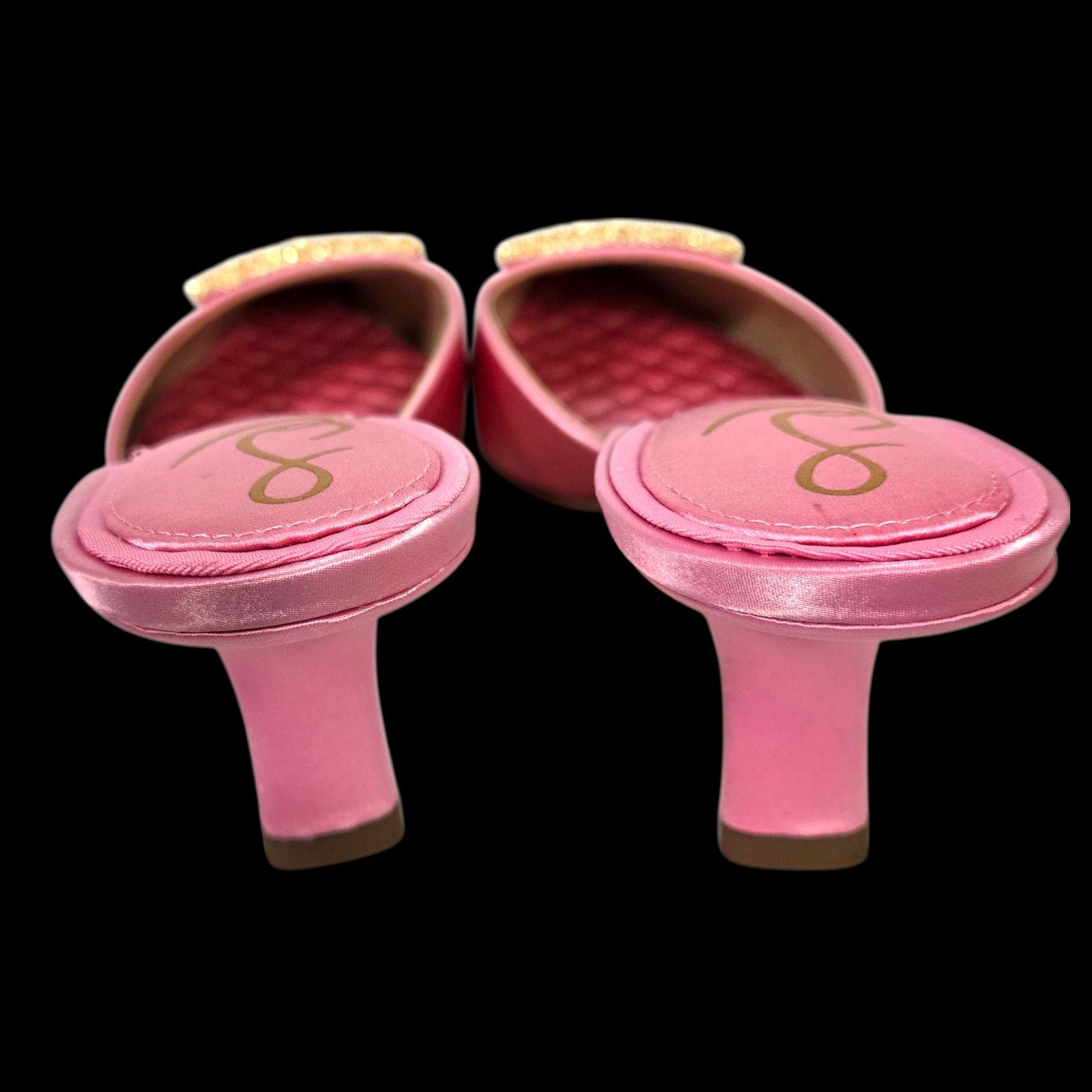 Sam Edelman Brit Satin Mules Pink Almond Toe Embellished Buckle Quilted Sole Kitten Heel 8