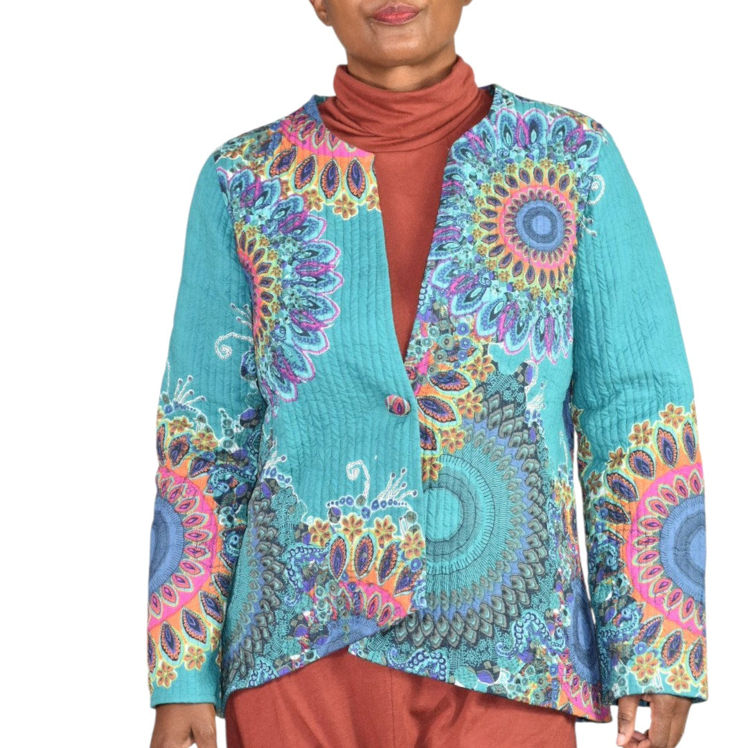Soft Surroundings Quilted Jacket Green Teal Boho Paisley Floral Cotton Mandala Print Artistic XS