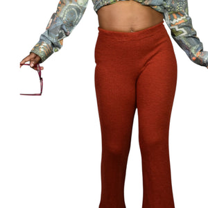 Vintage Young Canada Sweater Knit Pants Red Ribbed Pull On Elastic Flare 70s Small