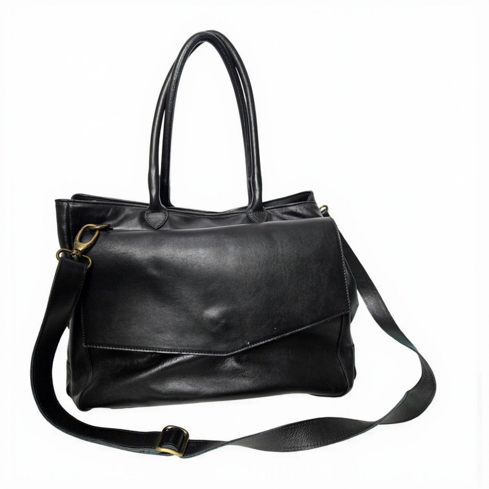 CORSIA Leather Tote Bag Satchel Black Italy Crossbody Strap Handles Carryall Structured