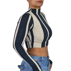 Self Portrait Crop Top Blue Striped Knit Lurex Metallic Shiny Mock Neck Fitted Small