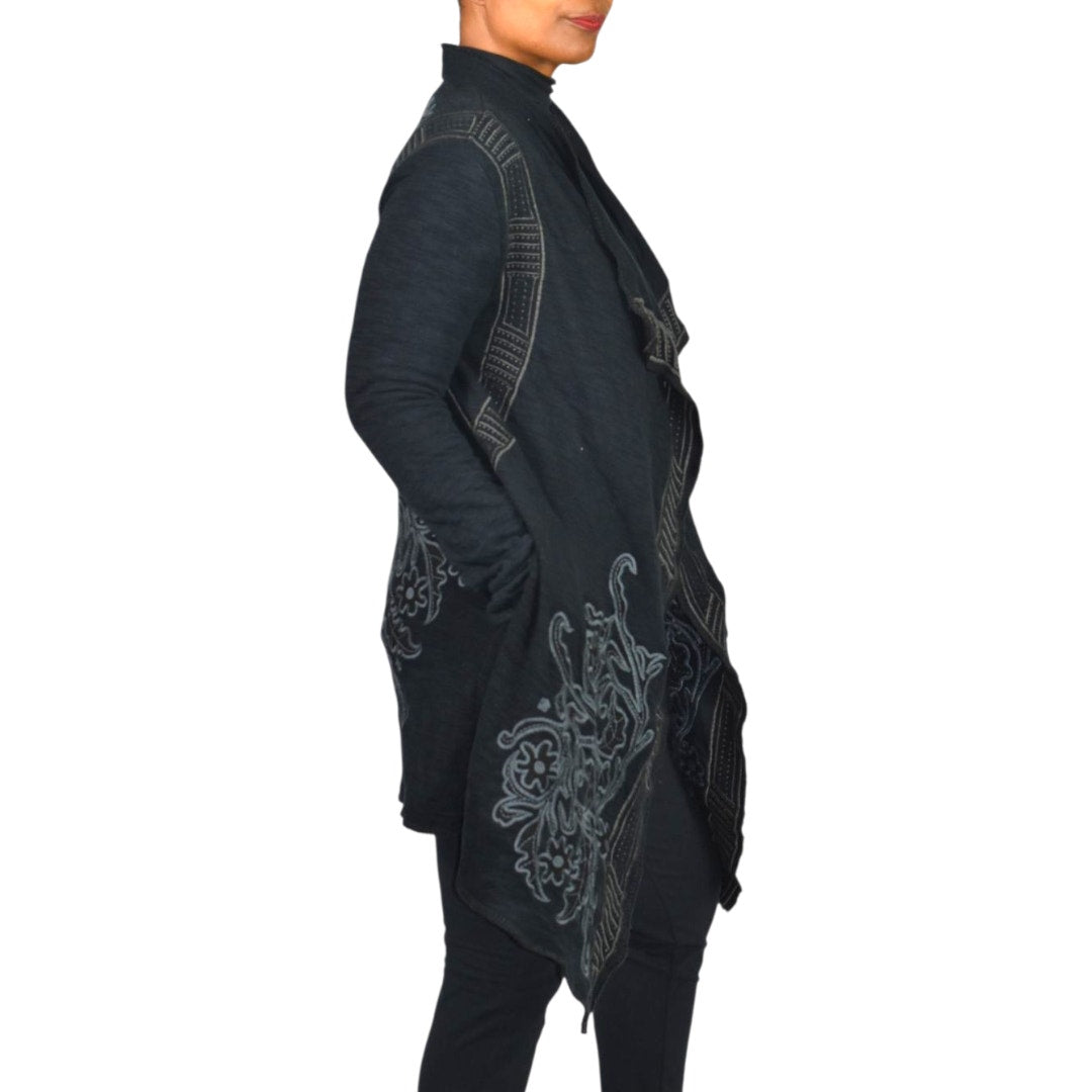 Paparazzi Biz Embroidered Asymmetric Cardigan Jacket Black Duster Cotton Open Front Medium