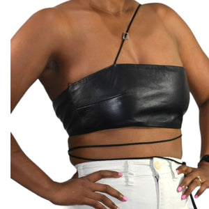 Zara Leather Crop Top Black Strappy Bustier One Shoulder Halter Tube Boxy Kaia Gerber Size Large