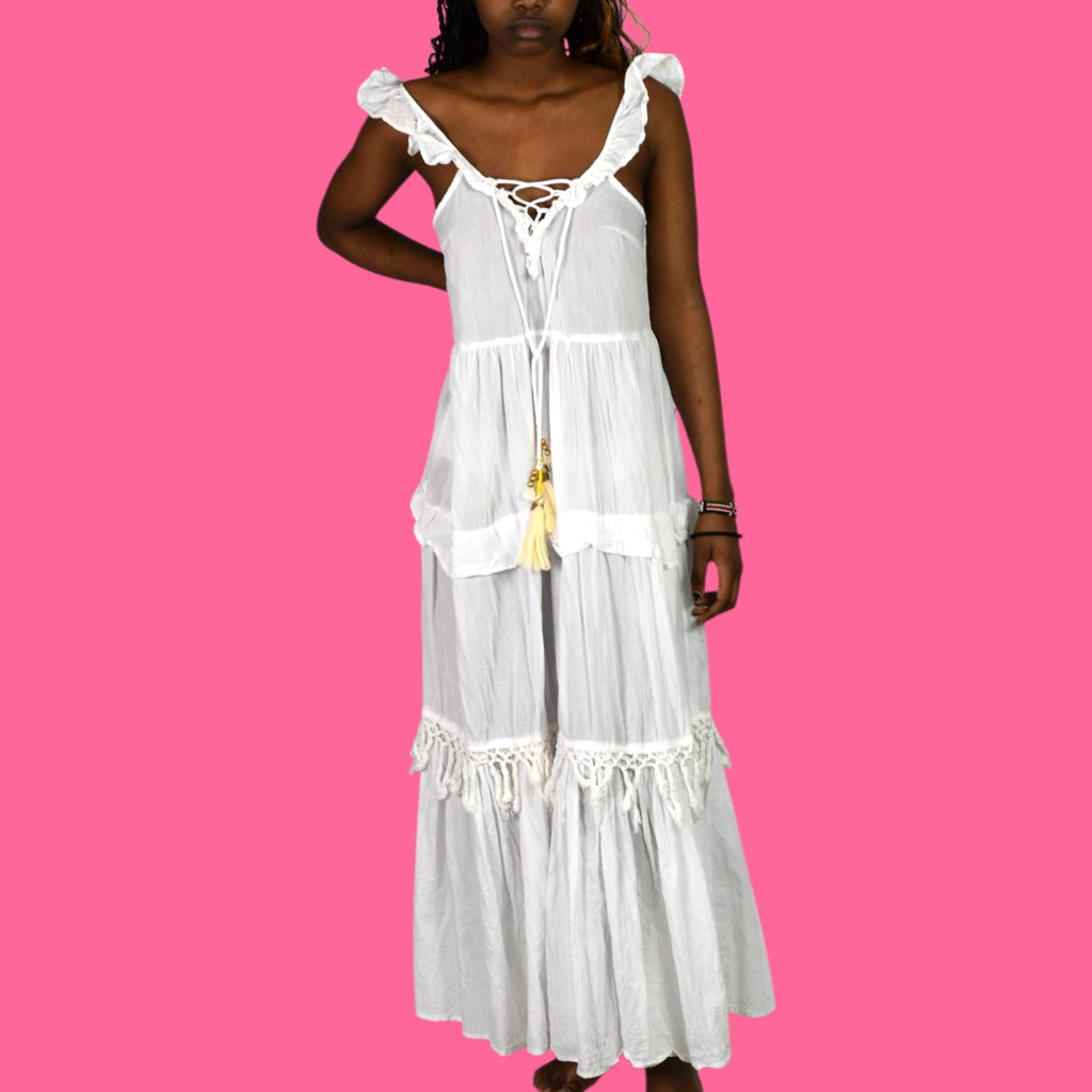 True Destinations Tiered Maxi Dress White Bohemian Voile Lightweight Cotton Fringe Coverup Small