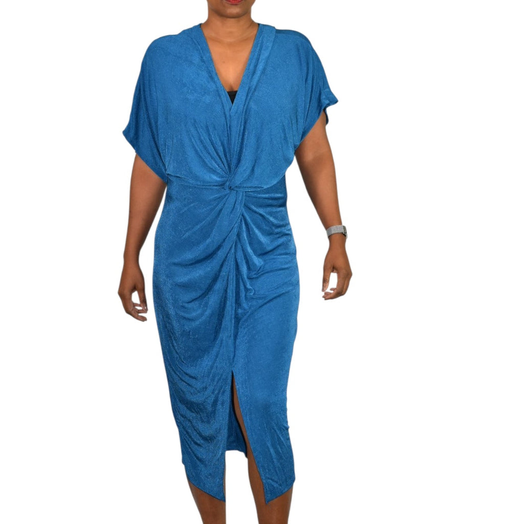 Floerns Dress Teal Blue Jersey Midi Ruched Knot Front Slit Shimmer Stretch Draped XL