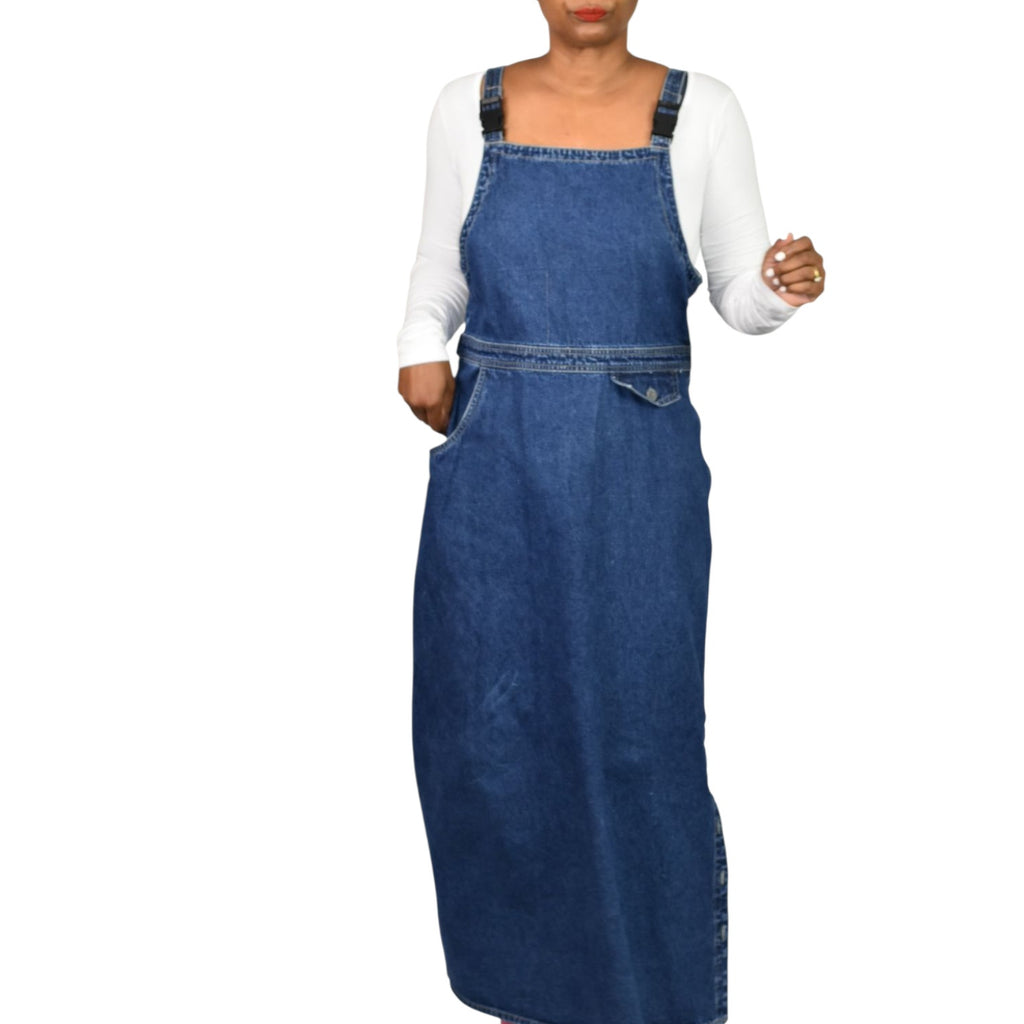 Vintage JLNY Bib Overalls Dress Denim Suspender Straps Buckle Straight Slit Cotton Medium