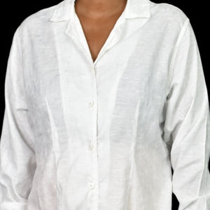 Vintage Flax Cotton Tunic Shirt White Collared Button Front Long Sleeve Oversized Jacquard Size Medium