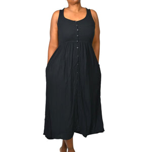 Frye Easy Button Front Dress Black Midi Minimalist Tank Jersey Knit Pockets Rayon XS