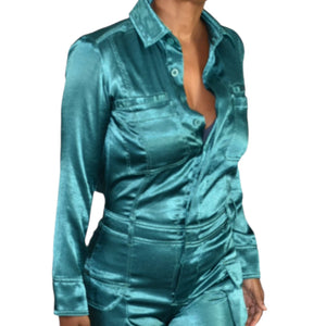 Free People Night Like This One Satin Jumpsuit Green Emerald Jewel Tone Silky Flare Wide Leg Cutout Utility XS
