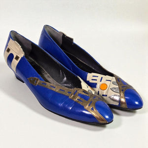 Vintage Margaret J Eiffel Tower Pumps Blue Leather Paris France Kitten Heel Almond Toe 8