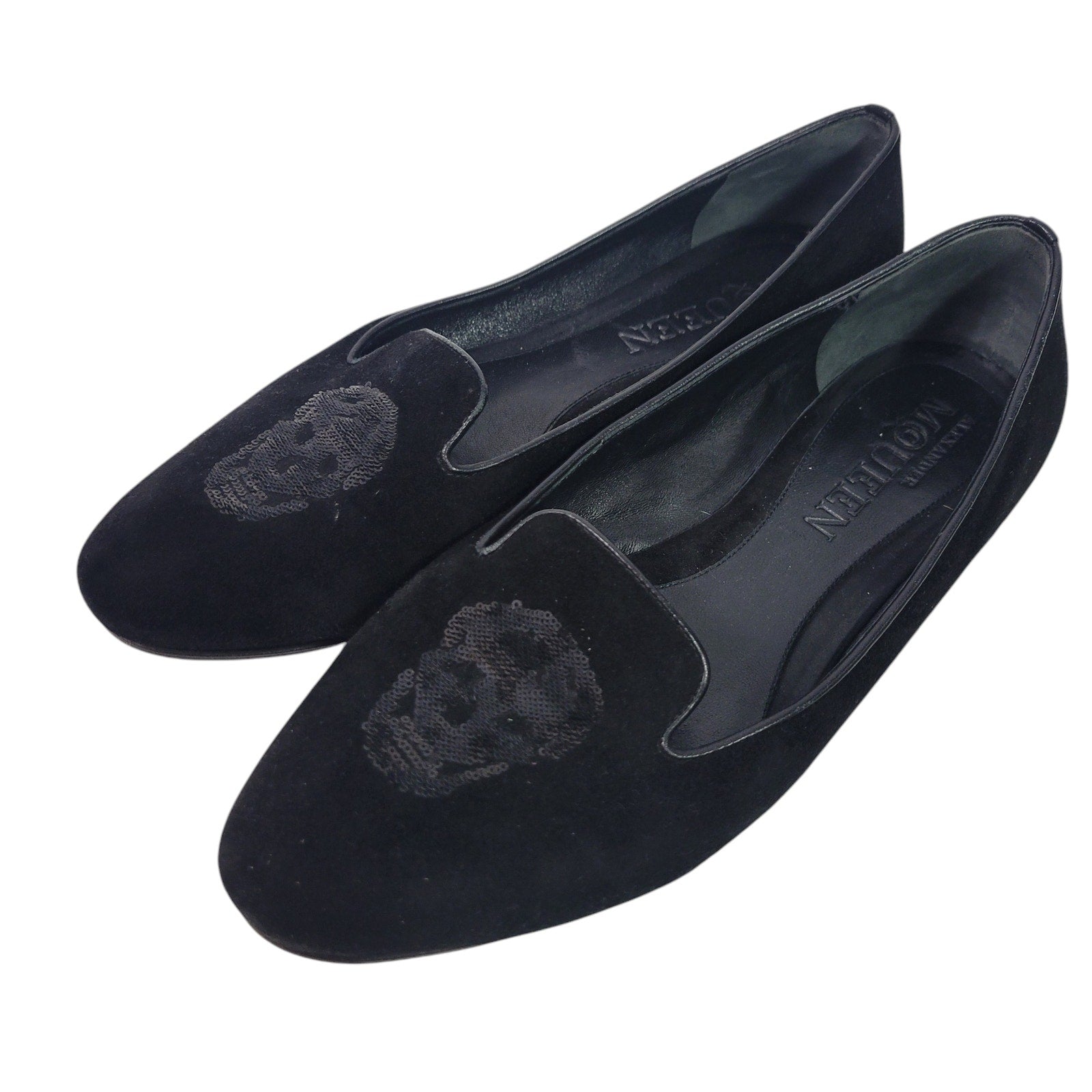 Alexander McQueen Skull Loafers Black Suede Flats Leather Sequin Slip On Semi Pointed Toe 39.5 9.5