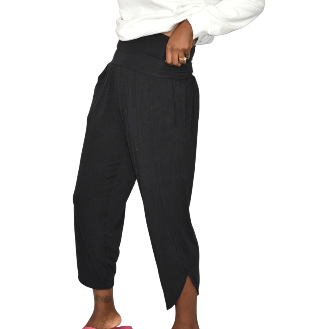 Athleta Flow With It Pant Pants Black Harem Tulip Hem Cropped Wide Leg Stretch Jersey Modal XS
