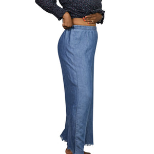 Show Me Your Mumu Explorer Pants Blue Chambray Flare Wide Leg High Waist Pull On Small