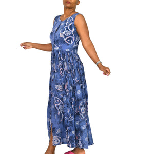 Vintage Jasmine KVM Dress Blue Fish Print Tent Shift Midi Cotton Gauze Airy Open Back Tie Medium