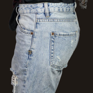 Ksubi Jean Shorts Light Blue Destroyed Heavy Distressed Denim Longline Mid Rise Cutoff Raw Hem Cotton 26