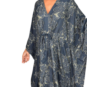 Billy Reid Juniper Jacquard Kaftan Dress Blue Floral Long Oversized Patio Muumuu Caftan Fringe Medium Large M L