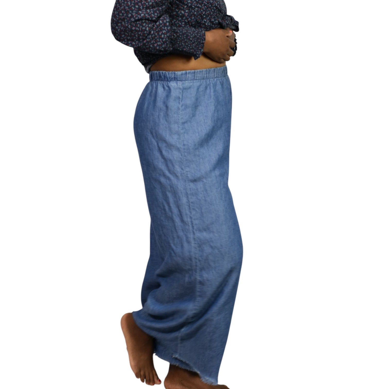 Show Me Your Mumu Explorer Pants Blue Chambray Flare Wide Leg High Waist Pull On Small