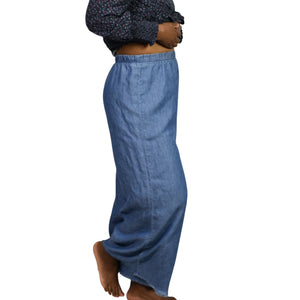Show Me Your Mumu Explorer Pants Blue Chambray Flare Wide Leg High Waist Pull On Small