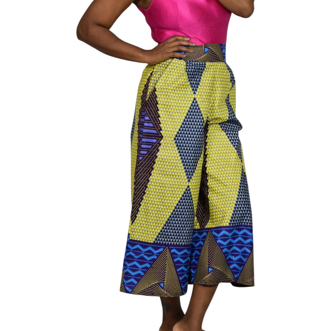 Grass Fields Ankara Wide Leg Crop Pants Yellow Culottes Gaucho African Print Small Medium