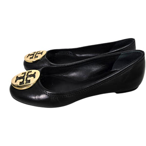 Tory Burch Reva Mestico Ballet Flats Black Leather Round Toe Logo Medallion 6