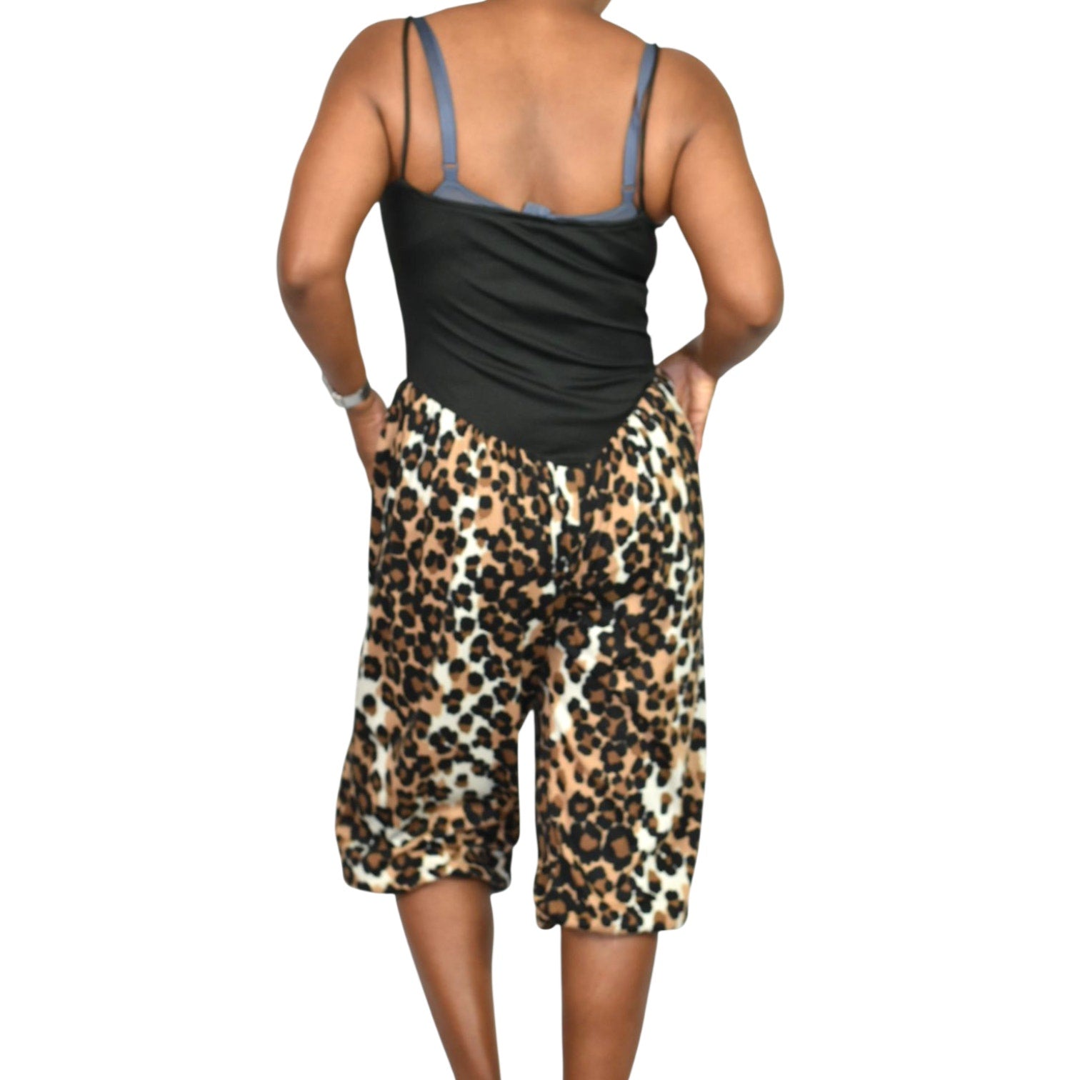Vintage Leopard Print Jumpsuit Brown Cropped Harem Balloon Yoked 70s Sweetheart Straps Small