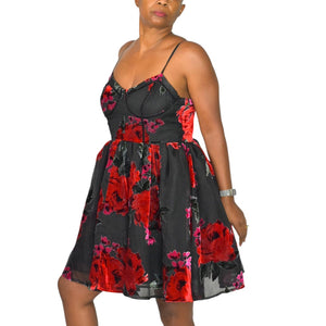 Betsey Johnson Lucia Bustier Dress Red Floral Mini Sheer Velvet Burnout Rose Corset Babydoll Sweetheart Large