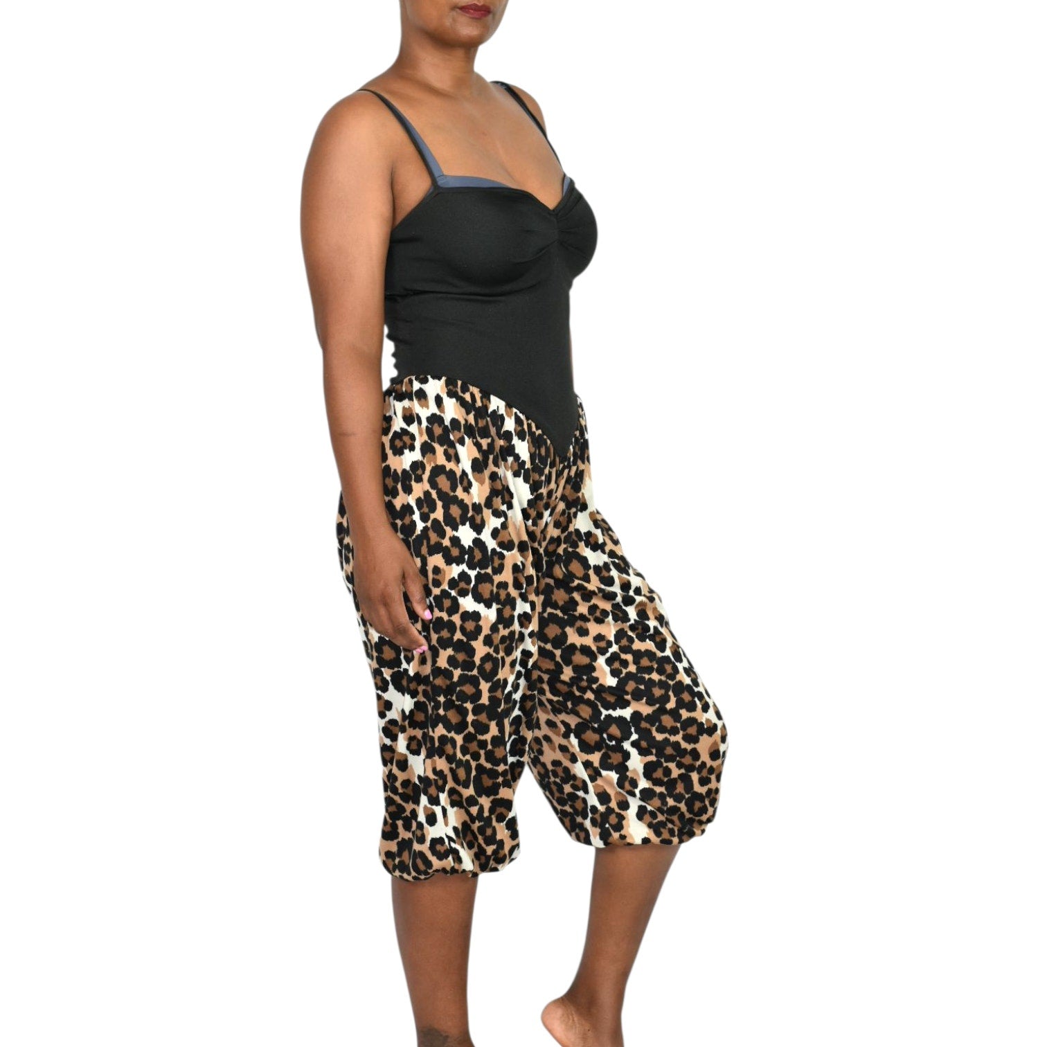 Vintage Leopard Print Jumpsuit Brown Cropped Harem Balloon Yoked 70s Sweetheart Straps Small