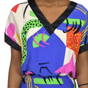 Vintage Flora Kung Silk Dress Blue Abstract 80s Print Colorful Blouson Twofer Pencil Skirt XXS