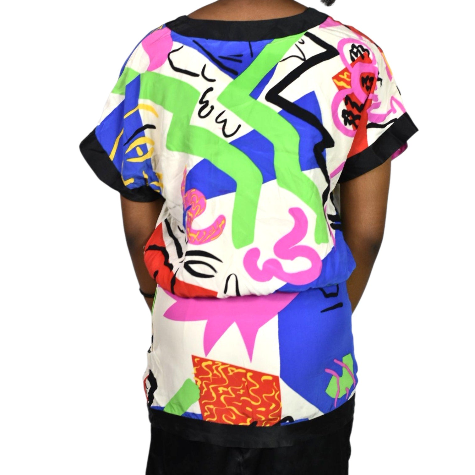 Vintage Flora Kung Silk Dress Blue Abstract 80s Print Colorful Blouson Twofer Pencil Skirt XXS