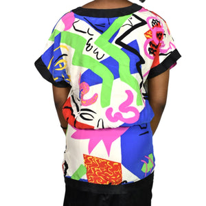 Vintage Flora Kung Silk Dress Blue Abstract 80s Print Colorful Blouson Twofer Pencil Skirt XXS