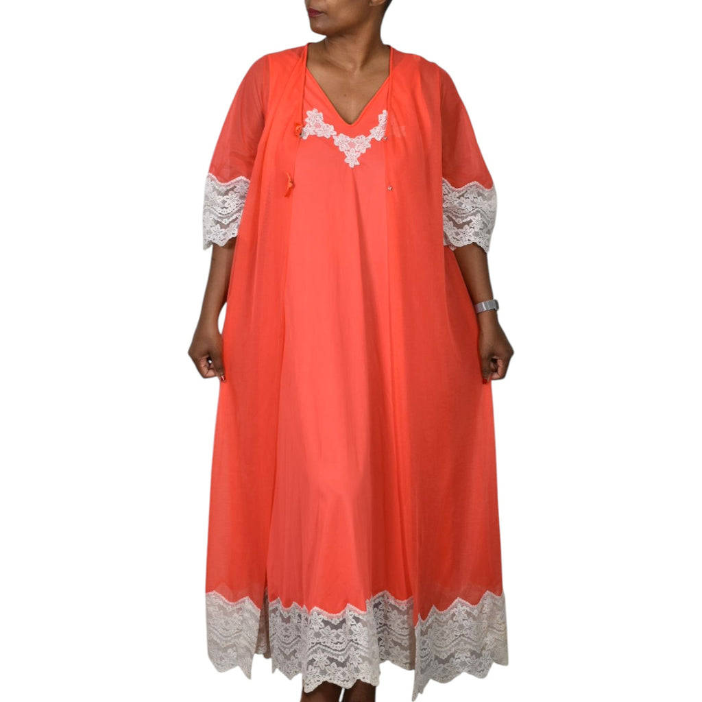 Vintage Gilead Nightgown Set Lingerie Peignoir Orange Dayglo Sheer Robe Lace Nylon 60s Negligee Small
