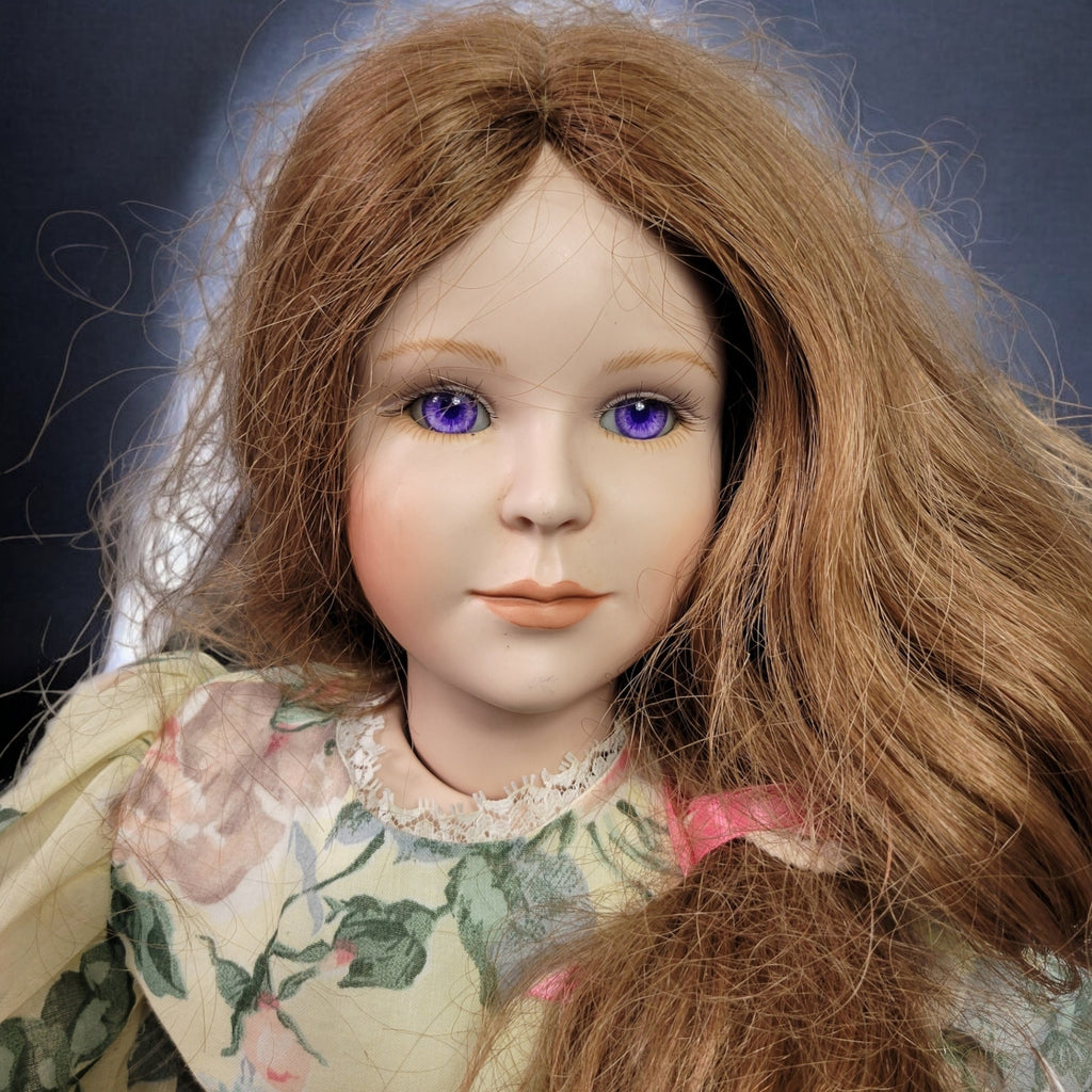 Vintage Bell Ceramics Porcelain Doll 27" Purple Violet Eyes 90s Prairie Floral Pastel Dress Custom Cloth Body