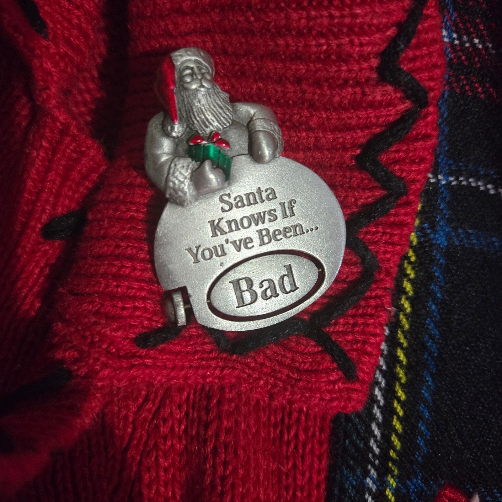 Spooniques Christmas Brooch Pin Santa Good Bad Spinner Enamel Holiday Festive Novelty Quirky