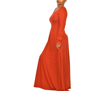 Soft Surroundings Maxi Dress Orange Clay Jersey Long Stretch Fit Flare Boatneck Medium