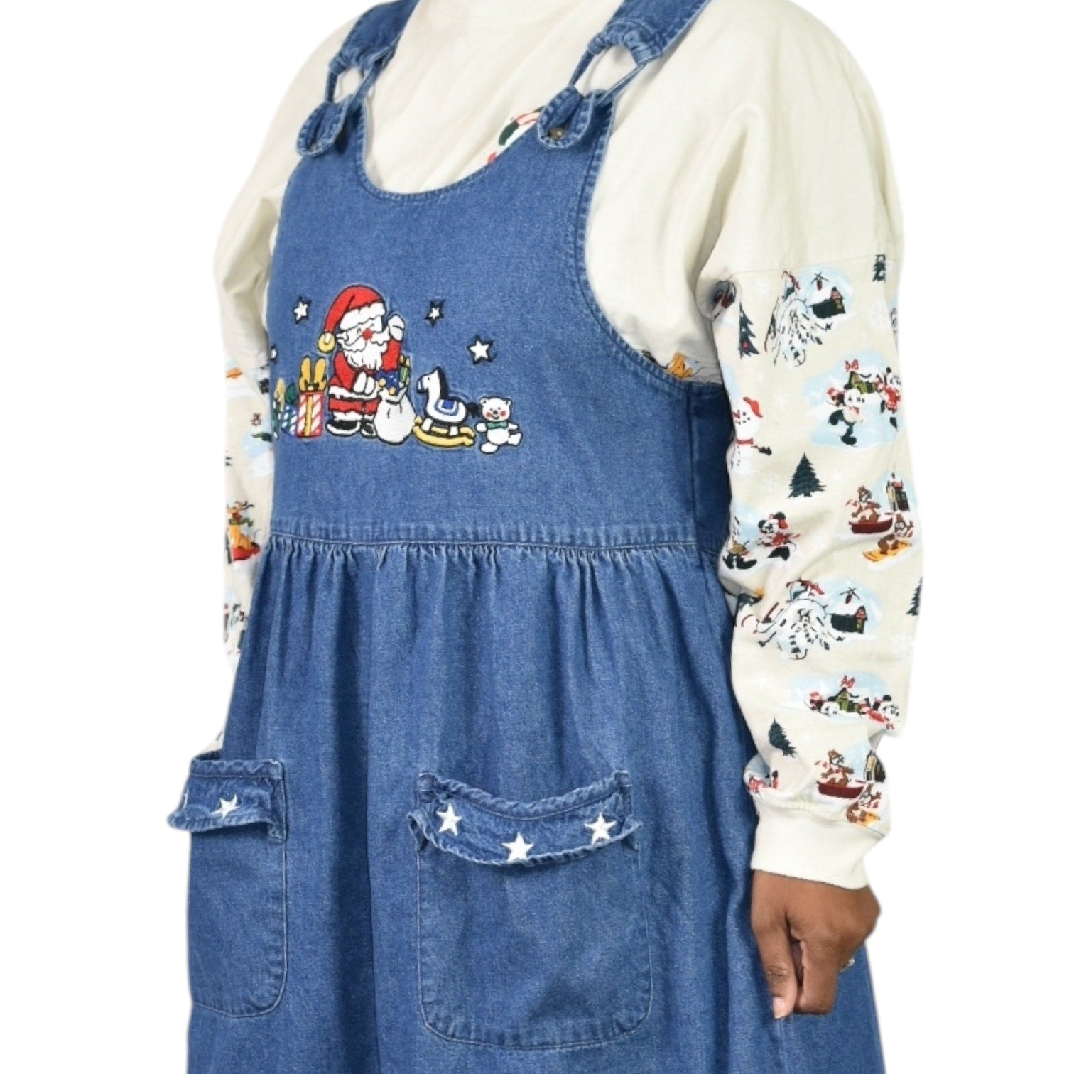 Westbound Vintage Christmas Dress Blue Jean Denim Pinafore Bib Overall Jumper Santa Claus Small
