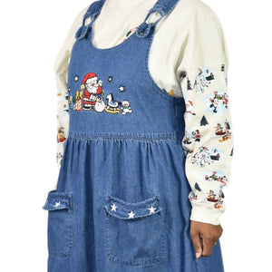 Westbound Vintage Christmas Dress Blue Jean Denim Pinafore Bib Overall Jumper Santa Claus Small