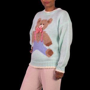 Vintage Far and Near Teddy Bear 3D Sweater Green Pastel Textured Fairy Kei Kawaii 90s Campy Novelty Large