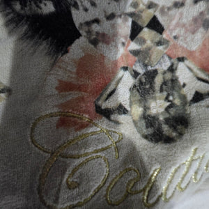 Juicy Couture Velour Hoodie Beige Zip Front Y2K Jacket Leopard Diamond Airbrush Logo Small