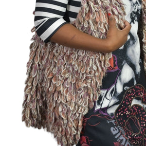 Anthropologie Hand Knit by Dollie Vest Tan Sherbet Loop Yarn Alpaca Textile Fiber Chunky Shaggy Wearable Art Size Medium Large