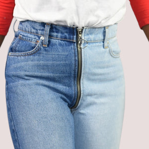 Revice Ying Yang Crop Jeans Blue Two Tone Denim Straight Front to Back Zipper High Waisted 27