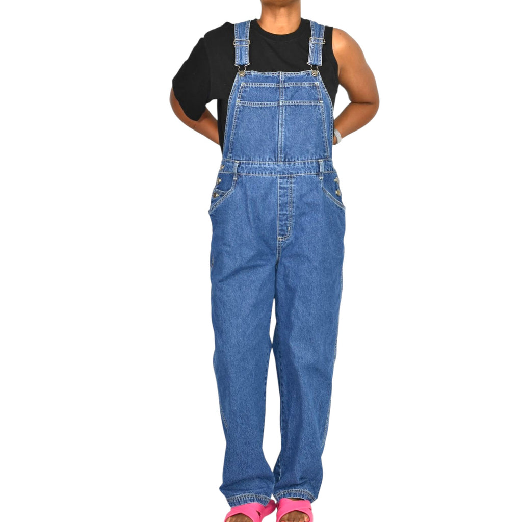 Vintage Cherokee Bib Overalls Blue Wash Denim Jeans Straight Leg Rigid Cotton Medium